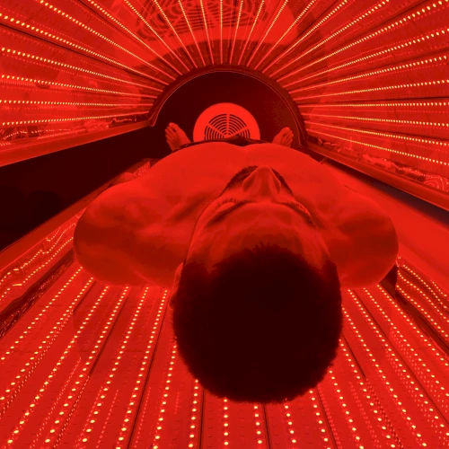 Neobed bed lit in red light